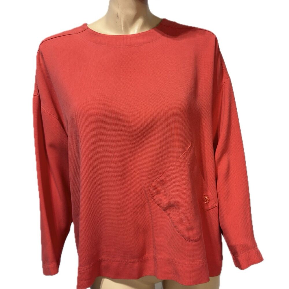 Debra deRoo Red Silk Blouse Women’s  Size L Large Patch Pocket Lagenlook